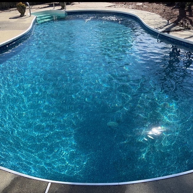 Clear blue backyard pool after service.